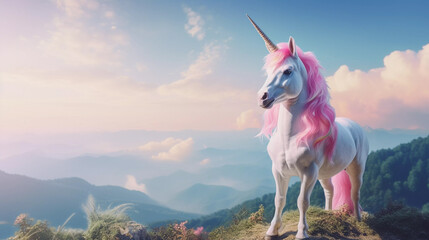 Obraz na płótnie Canvas cute pink rainbow unicorn standing proudly on a mountain top overlooking a breathtaking landscape
