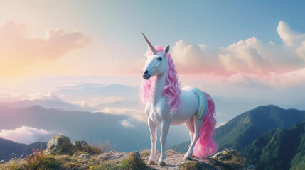 Obraz na płótnie Canvas cute pink rainbow unicorn standing proudly on a mountain top overlooking a breathtaking landscape