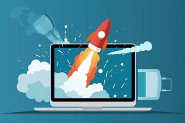 A rocket bursting through a computer screen on a blue background. Generative AI