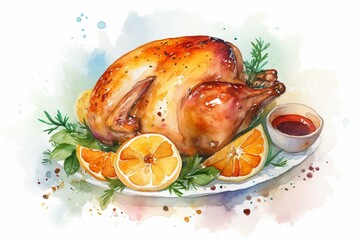 Hand-painted food illustration - turkey roast. Generative AI - obrazy, fototapety, plakaty