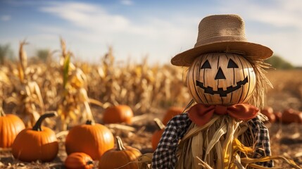  a scarecrow with a pumpkin on his head in a cornfield.  generative ai