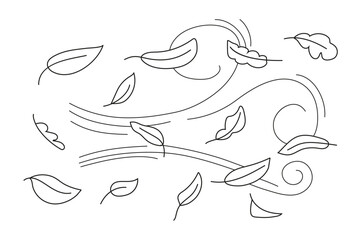 Autumn leaf line sketch vector. Wind doodle blows. Leaf falls down. Strong gust of wind.