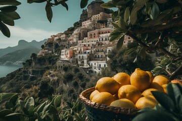 Breathtaking Amalfi panorama, showcasing lemons in front; located in Italy. Generative AI