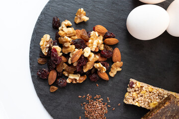 Products and components for cooking. Spices and nuts for a cocktail. Diet and sports nutrition. Eggs and cereals.