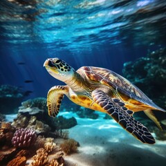 Obraz na płótnie Canvas Dive into Wonder: Sea Turtle's Deep Sea Swim Captured in Stunning Photography