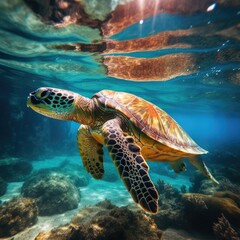 Obraz premium Submerged Elegance: Deep Sea Underwater Photography Featuring Graceful Sea Turtle