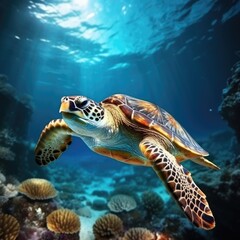 Obraz na płótnie Canvas Unveiling Aquatic Beauty: Deep Sea Underwater Photography of a Swimming Sea Turtle