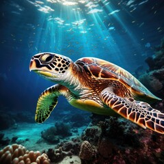 Naklejka na ściany i meble Capturing Serenity: Underwater Photography of a Majestic Sea Turtle in Deep Seas