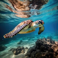 Mesmerizing Underwater Photography: Graceful Sea Turtle Swimming in the Deep Sea