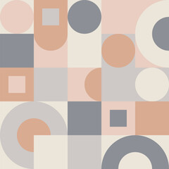 Geometric brown abstraction, mosaic of squares and circles in a trendy style. Scandinavian background in earthy shades of beige, seamless pattern for textiles and wallpapers.