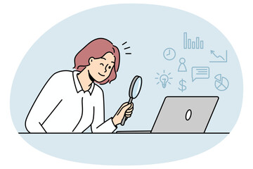 Woman looking at laptop screen with magnifying glass exploring online perspectives and opportunities. Female use magnifier discover options on internet on computer.