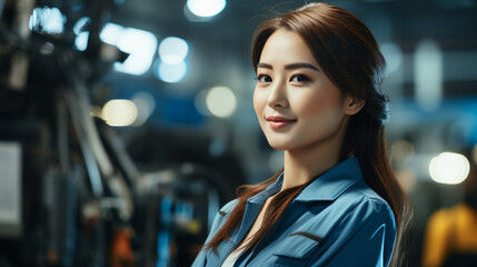 A portrait captures the image of a dedicated Asian female engineer, dressed in a uniform, diligently working in a professional factory environment. 