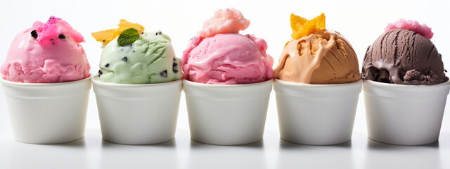 Capture the essence of summer in every lick with our delectable array of colorful ice creams, nestled enticingly in paper cups. Against a pristine white background, each flavor sta Generative AI