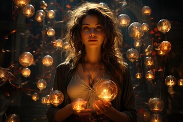 Woman manifesting and pulling bubbles of thoughts, law of attraction, telekineses or manifestation concept