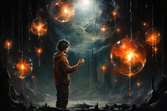 Woman manifesting and pulling bubbles of thoughts, law of attraction, telekineses or manifestation concept, created with generative AI