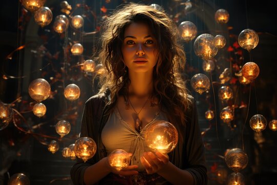 Woman manifesting and pulling bubbles of thoughts, law of attraction, telekineses or manifestation concept