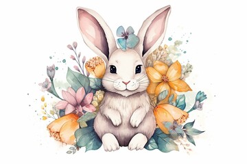 Adorable Easter bunny with eggs and flowers. Perfect for children's decor and wall art. Generative AI