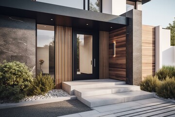 Contemporary house entrance from outside with front door and side panel - 3D visualization following unique design. Generative AI