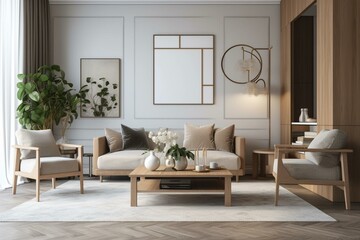 Fototapeta na wymiar Neutral wooden living room with mock frame, modern decor. Generative AI