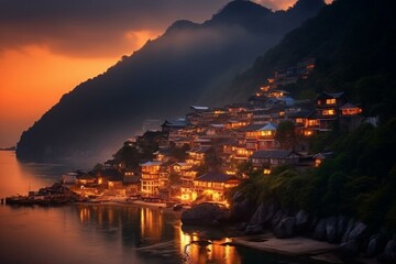 A charming Chinese seaside town nestled between mountains and the sea. Generative AI