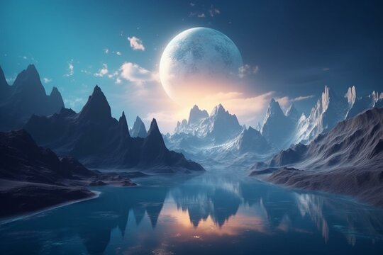 Surreal futuristic planet with vast mountains, rivers and nebulas. A Utopian world with a euphoric feel. Generative AI