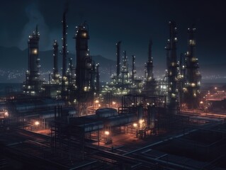 Fototapeta na wymiar Generative AI illustration of aerial view of illuminated industrial petroleum refinery with distillation towers and pipes in glowing light at night