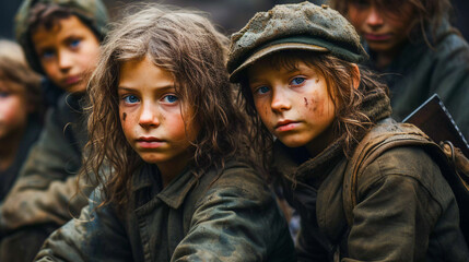 Fototapeta premium Children of Resilience: Portraits of Young Lives Post-War, Generative AI