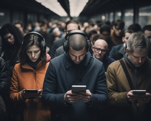 Group of people walking and looking at phones. The concept of social isolation.