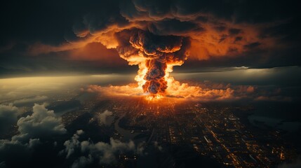 Nuclear explosion day or night. Stormy sky, shock wave against the background of a nuclear fungus in the process of releasing thermal and radiant energy as a result of an uncontrolled nuclear fission 
