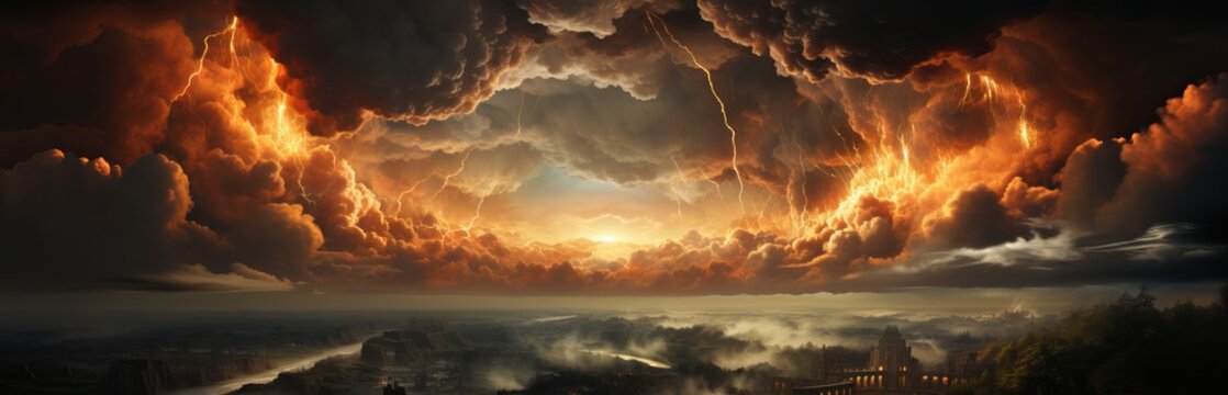 Nuclear explosion day or night. Stormy sky, shock wave against the background of a nuclear fungus in the process of releasing thermal and radiant energy as a result of an uncontrolled nuclear fission 