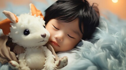 Fototapeta na wymiar Adorable sleeping asian baby wrapped soft blanket closeup with dragon soft toy.