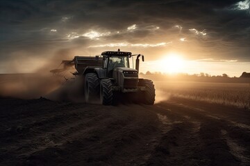 Powerful tractor plowing the field at dusk., generative IA