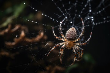Spider weaving web in the twilight with glowing eyes., generative IA