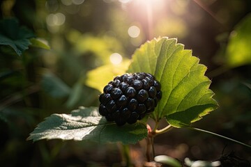 Ripe and juicy blackberry, stands out in green foliage., generative IA