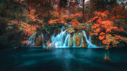 Waterfall in red forest in Plitvice Lakes, Croatia at sunset in autumn. Colorful landscape with fall, park, trees, orange foliage, water lilies, river. Scenery. Park in woods at dusk. Nature