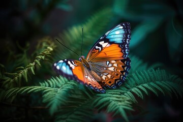 Fototapeta na wymiar Colorful butterfly perched in flowering garden., generative IA