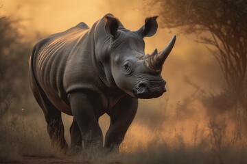 Majestic rhino on the savannah at sunset., generative IA