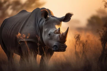 Zelfklevend Fotobehang Majestic rhino on the savannah at sunset., generative IA © Gabriel
