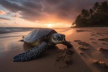 Majestic turtle on the beach at sunset. ????, generative IA