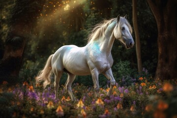 Majestic white unicorn galloping in enchanted forest., generative IA