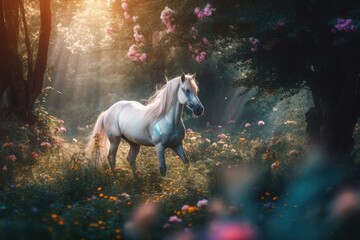 Obraz na płótnie Canvas Majestic white unicorn galloping in enchanted forest., generative IA