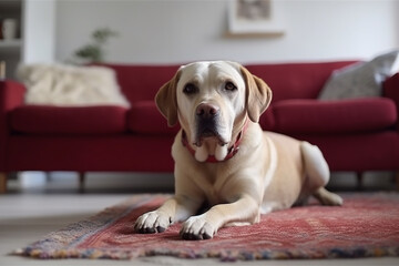 A labrador in front of a red sofa