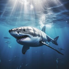 Fototapeta premium Graceful Giants Below: Great White Shark's Enigmatic Journey in Deep Sea Photography