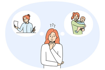 Confused woman thinking about motherhood or career. Frustrated female make decision of becoming mother or businesswoman. Family and work. Vector illustration.