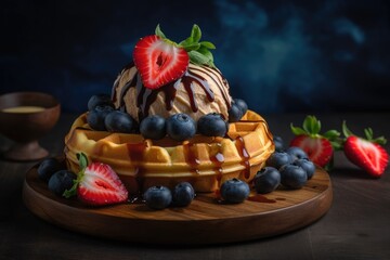 Golden waffle with fresh fruit and melting ice cream., generative IA