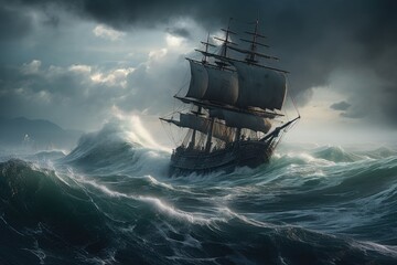 Furious storm threatens fragile vessel on the high seas., generative IA