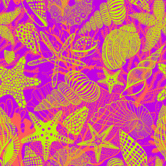 Abstract bright seamless pattern with corals, ,starfish and seashells. Vector. Perfect for design templates, wallpaper, wrapping, fabric and textile.