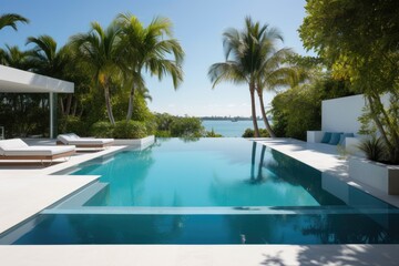 Modern swimming pool: crystal clear waters, elegant design and relaxation., generative IA
