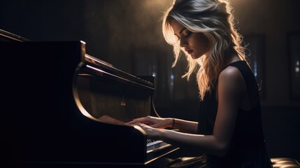 Amazing blonde girl playing black piano. Generative AI