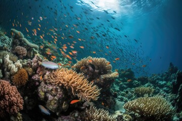 Naklejka na ściany i meble Colorful fish dance on vibrant reef. Majestic lionfish stand out. Marine serenity., generative IA
